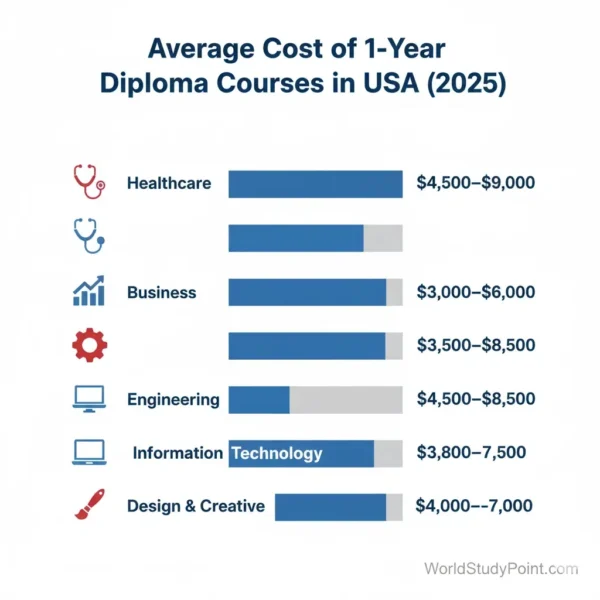 Infographic showing average tuition costs for 1-year diploma courses in the USA for international students across different fields in 2025.