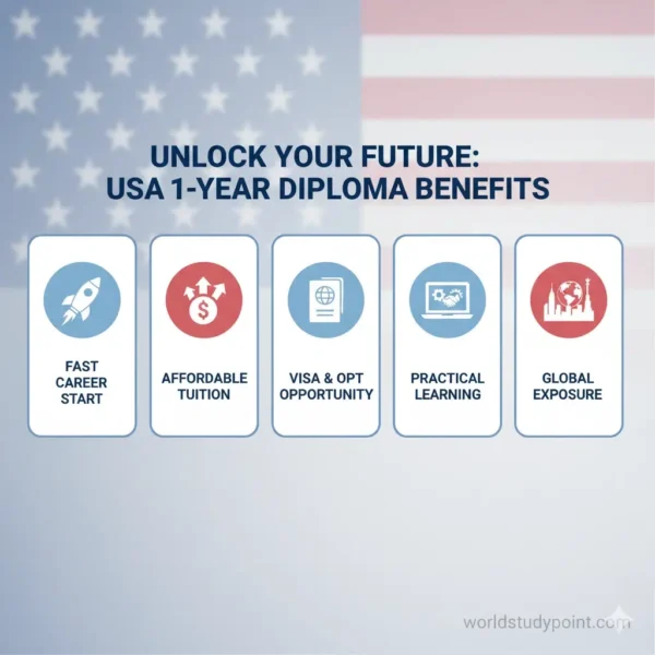 Infographic showing key benefits of studying 1-year diploma courses in the USA – fast career, low cost, visa-friendly, and practical learning