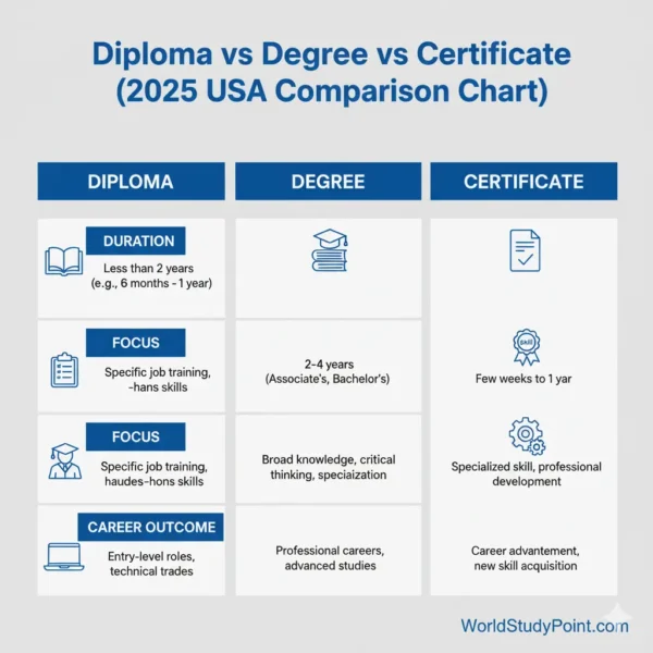 Diploma vs Degree vs Certificate comparison USA 2025 – WorldStudyPoint.com