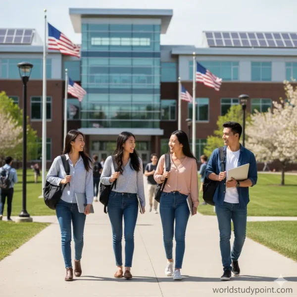International students exploring 1-year diploma courses in the USA on a modern college campus – image by worldstudypoint.com