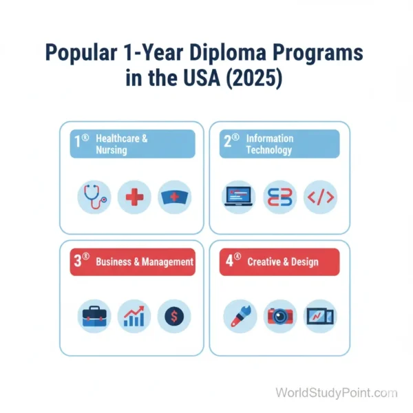 Infographic showing top 1-year diploma programs in the USA including healthcare, IT, business, and creative design courses for international students