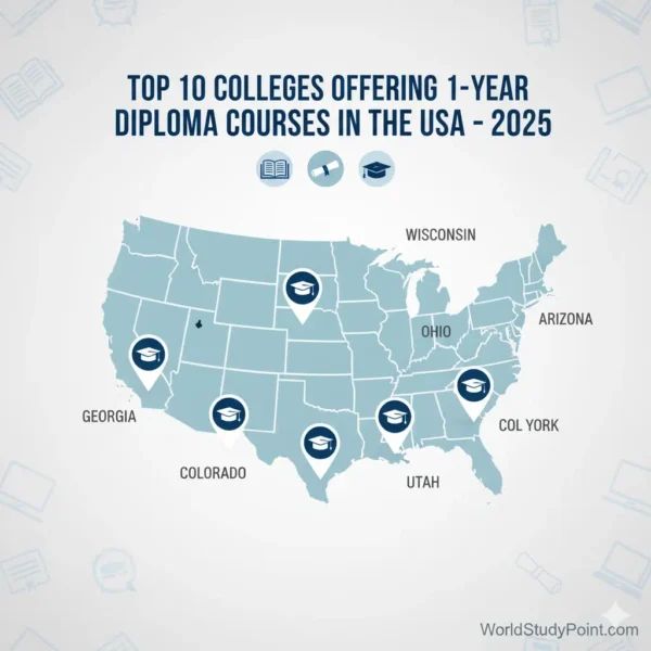 Map showing top 10 colleges offering 1-year diploma courses in the USA with location highlights and icons for education and diploma programs