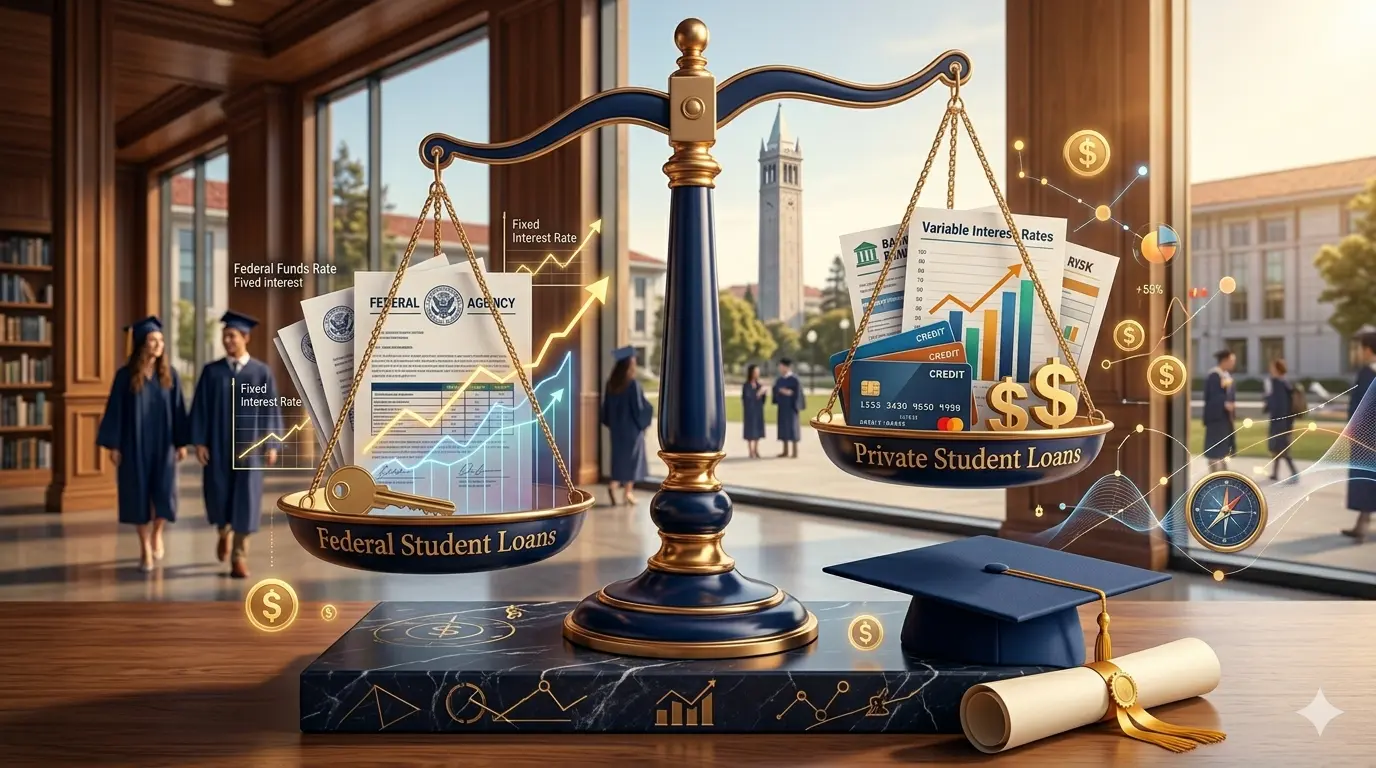 College student comparing federal and private student loan options for higher education