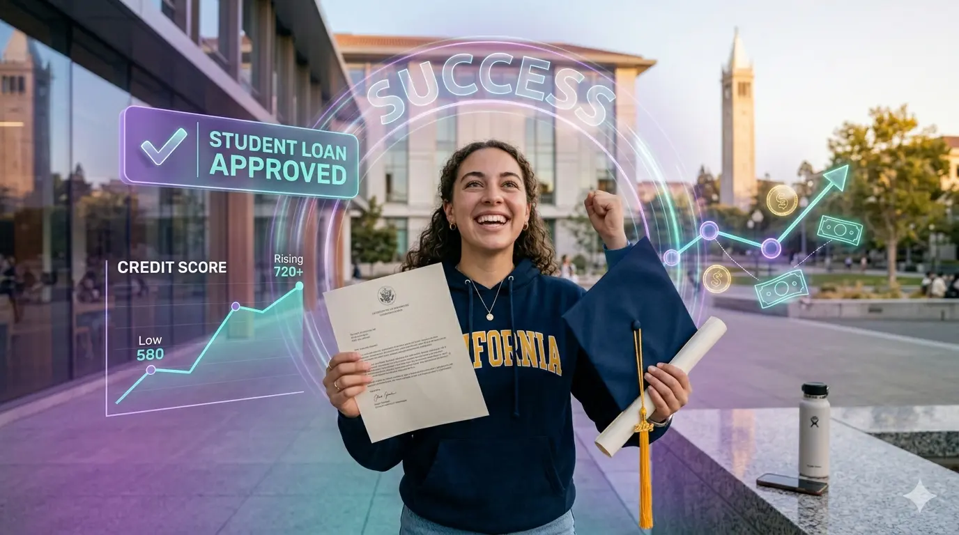 Happy college student approved for a student loan despite having bad credit
